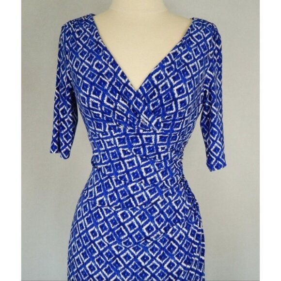 Ralph Lauren Blue Geometric Print Ruched Jersey Dress Size 14 Sheath Stretch - Picture 2 of 9